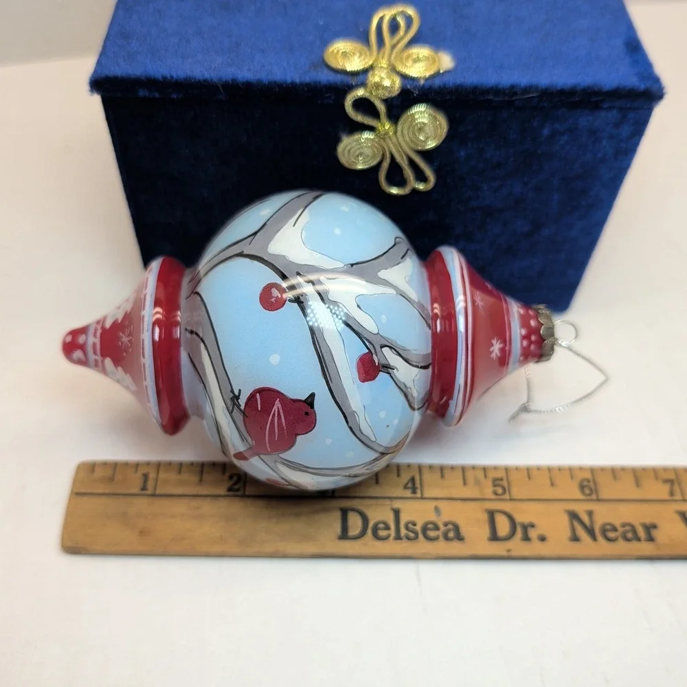 Pier 1 Li Bien 2011 Hand Painted Glass Ornament Birds Cardinal Winter Scene